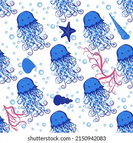 Jellyfish animals bright seamless patterns. Seamless pattern with detailed jellyfish. cute hand drawn fishes and jellyfishes in doodle style. Trendy nursery background.