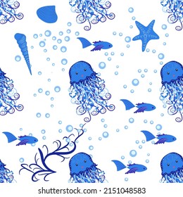 Jellyfish animals bright seamless patterns. Seamless pattern with detailed jellyfish. cute hand drawn fishes and jellyfishes in doodle style. Trendy nursery background.