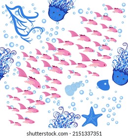 Jellyfish animals bright seamless patterns. Seamless pattern with detailed jellyfish. cute hand drawn fishes and jellyfishes in doodle style. Trendy nursery background.