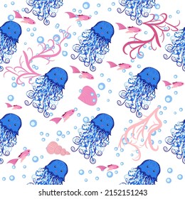 Jellyfish animals bright seamless patterns. Seamless pattern with detailed jellyfish. cute hand drawn fishes and jellyfishes in doodle style. Trendy nursery background.