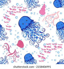 Jellyfish animals bright seamless patterns. Seamless pattern with detailed jellyfish. cute hand drawn fishes and jellyfishes in doodle style. Trendy nursery background.