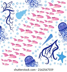 Jellyfish animals bright seamless patterns. Seamless pattern with detailed jellyfish. cute hand drawn fishes and jellyfishes in doodle style. Trendy nursery background.