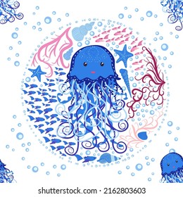 Jellyfish animals bright seamless patterns. Seamless pattern with detailed jellyfish. cute hand drawn fishes and jellyfishes in doodle style. Trendy nursery background.