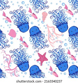 Jellyfish animals bright seamless patterns. Seamless pattern with detailed jellyfish. cute hand drawn fishes and jellyfishes in doodle style. Trendy nursery background.