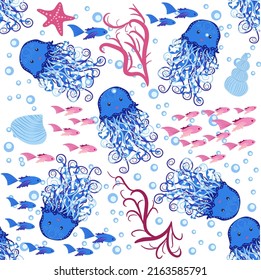 Jellyfish animals bright seamless patterns. Seamless pattern with detailed jellyfish. cute hand drawn fishes and jellyfishes in doodle style. Trendy nursery background.