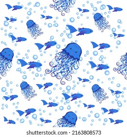 Jellyfish animals bright seamless patterns. Seamless pattern with detailed jellyfish. cute hand drawn fishes and jellyfishes in doodle style. Trendy nursery background.