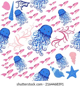 Jellyfish animals bright seamless patterns. Seamless pattern with detailed jellyfish. cute hand drawn fishes and jellyfishes in doodle style. Trendy nursery background.