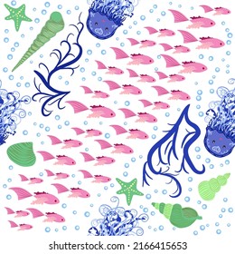 Jellyfish animals bright seamless patterns. Seamless pattern with detailed jellyfish. cute hand drawn fishes and jellyfishes in doodle style. Trendy nursery background.