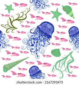 Jellyfish animals bright seamless patterns. Seamless pattern with detailed jellyfish. cute hand drawn fishes and jellyfishes in doodle style. Trendy nursery background.