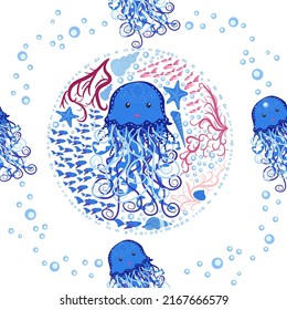 Jellyfish animals bright seamless patterns. Seamless pattern with detailed jellyfish. cute hand drawn fishes and jellyfishes in doodle style. Trendy nursery background.