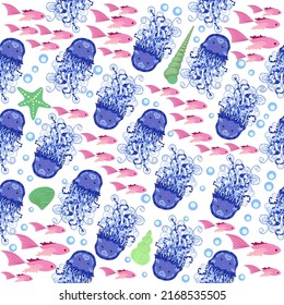 Jellyfish animals bright seamless patterns. Seamless pattern with detailed jellyfish. cute hand drawn fishes and jellyfishes in doodle style. Trendy nursery background.