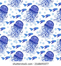 Jellyfish animals bright seamless patterns. Seamless pattern with detailed jellyfish. cute hand drawn fishes and jellyfishes in doodle style. Trendy nursery background.