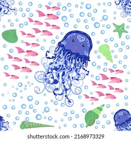 Jellyfish animals bright seamless patterns. Seamless pattern with detailed jellyfish. cute hand drawn fishes and jellyfishes in doodle style. Trendy nursery background.