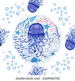 Jellyfish animals bright seamless patterns. Seamless pattern with detailed jellyfish. cute hand drawn fishes and jellyfishes in doodle style. Trendy nursery background.