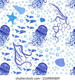 Jellyfish animals bright seamless patterns. Seamless pattern with detailed jellyfish. cute hand drawn fishes and jellyfishes in doodle style. Trendy nursery background.