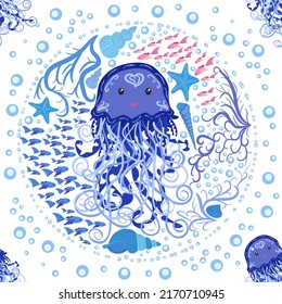 Jellyfish animals bright seamless patterns. Seamless pattern with detailed jellyfish. cute hand drawn fishes and jellyfishes in doodle style. Trendy nursery background.