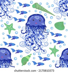 Jellyfish animals bright seamless patterns. Seamless pattern with detailed jellyfish. cute hand drawn fishes and jellyfishes in doodle style. Trendy nursery background.