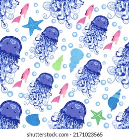 Jellyfish animals bright seamless patterns. Seamless pattern with detailed jellyfish. cute hand drawn fishes and jellyfishes in doodle style. Trendy nursery background.