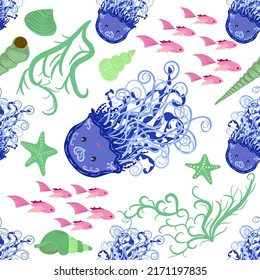 Jellyfish animals bright seamless patterns. Seamless pattern with detailed jellyfish. cute hand drawn fishes and jellyfishes in doodle style. Trendy nursery background.