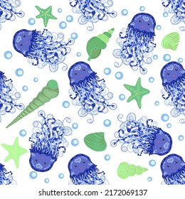 Jellyfish animals bright seamless patterns. Seamless pattern with detailed jellyfish. cute hand drawn fishes and jellyfishes in doodle style. Trendy nursery background.