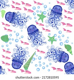 Jellyfish animals bright seamless patterns. Seamless pattern with detailed jellyfish. cute hand drawn fishes and jellyfishes in doodle style. Trendy nursery background.