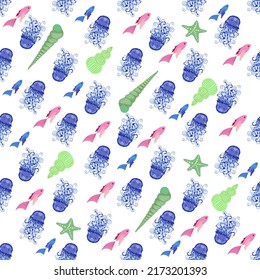 Jellyfish animals bright seamless patterns. Seamless pattern with detailed jellyfish. cute hand drawn fishes and jellyfishes in doodle style. Trendy nursery background.