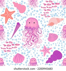 Jellyfish animals bright seamless patterns. Seamless pattern with detailed jellyfish. cute hand drawn fishes and jellyfishes in doodle style. Trendy nursery background.