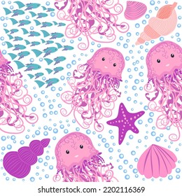 Jellyfish animals bright seamless patterns. Seamless pattern with detailed jellyfish. cute hand drawn fishes and jellyfishes in doodle style. Trendy nursery background.