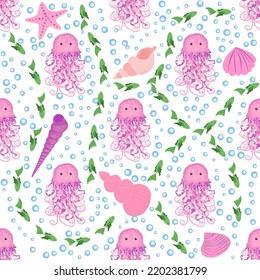 Jellyfish animals bright seamless patterns. Seamless pattern with detailed jellyfish. cute hand drawn fishes and jellyfishes in doodle style. Trendy nursery background.