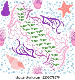 Los animales de las medusas brillan por sus inconsistencias. Patrón sin foco con medusas detalladas. peces dibujados a mano y medusas lindas al estilo de doodle. Fondo infantil de moda.