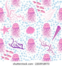 Jellyfish animals bright seamless patterns. Seamless pattern with detailed jellyfish. cute hand drawn fishes and jellyfishes in doodle style. Trendy nursery background.