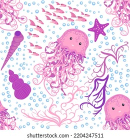 Jellyfish animals bright seamless patterns. Seamless pattern with detailed jellyfish. cute hand drawn fishes and jellyfishes in doodle style. Trendy nursery background.