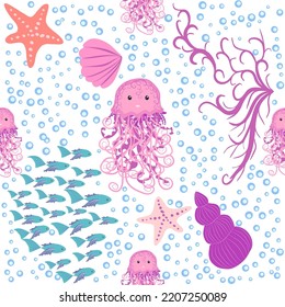 Jellyfish animals bright seamless patterns. Seamless pattern with detailed jellyfish. cute hand drawn fishes and jellyfishes in doodle style. Trendy nursery background.