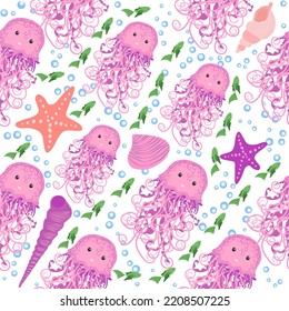 Jellyfish animals bright seamless patterns. Seamless pattern with detailed jellyfish. cute hand drawn fishes and jellyfishes in doodle style. Trendy nursery background.