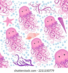 Jellyfish animals bright seamless patterns. Seamless pattern with detailed jellyfish. cute hand drawn fishes and jellyfishes in doodle style. Trendy nursery background.