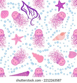 Jellyfish animals bright seamless patterns. Seamless pattern with detailed jellyfish. cute hand drawn fishes and jellyfishes in doodle style. Trendy nursery background.