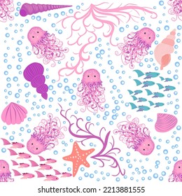 Jellyfish animals bright seamless patterns. Seamless pattern with detailed jellyfish. cute hand drawn fishes and jellyfishes in doodle style. Trendy nursery background.
