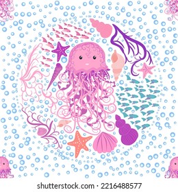 Jellyfish animals bright seamless patterns. Seamless pattern with detailed jellyfish. cute hand drawn fishes and jellyfishes in doodle style. Trendy nursery background.