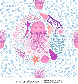 Jellyfish animals bright seamless patterns. Seamless pattern with detailed jellyfish. cute hand drawn fishes and jellyfishes in doodle style. Trendy nursery background.