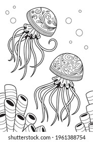 Jellyfish antistress doodle coloring book page for adults. Zentangle stylized sea animal. Black and white contoured illustraton
