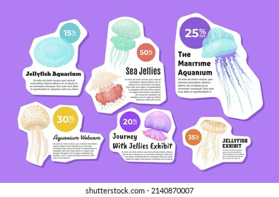 Jellyfish aquarium exhibit advertising promo sticker set place for text vector flat illustration. Collection maritime entertainment sale discount special offer. Marine underwater animal exhibition
