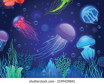 Jellyfish background. Cartoon colorful transparent glowing underwater creatures floating together. Vector colorful poison sea jellyfish animals wallpaper. Fluorescent wild characters among seaweeds