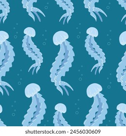 Jellyfish background. Inhabitants of the sea world. Cute underwater flat seamless pattern. Funny underwater creatures. Vector illustration.