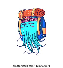Jellyfish backpacker with bandana pattern and backpack ready to some adventure illustration vector isolated