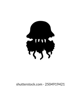 Jellyfish. Black silhouette. Icon or logo. Marine life element. Ocean ecosystem. Golden Jellyfish. Inhabitant of the deep sea. Animal. Vector illustration isolated on white background.