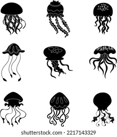 Jellyfish black and white collection icon set