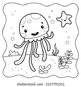 Jellyfish black and white. Coloring book or Coloring page for kids. Marine background vector illustration