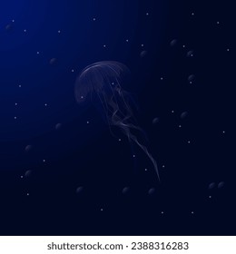 Jellyfish blue lightening, poisonous jellyfish in dark deep water with glowing plankton, deep ocean creature, vector illustration background.