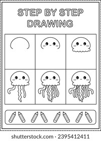 Jellyfish. Book page, drawing step by step. Black and white vector coloring page.