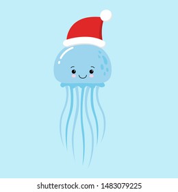 Jellyfish cartoon character. A Cute blue Jellyfish wearing Santa Claus hat standing on marine blue background.Flat design Vector illustration for Merry Christmas and Happy New Year invitation card.